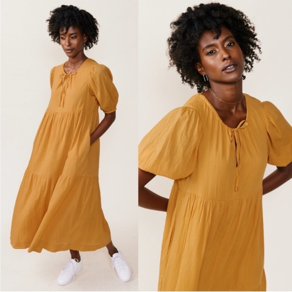 Able Florence Tiered Puff Sleeve Tie Neck Golden Maxi Dress Sz Large‎